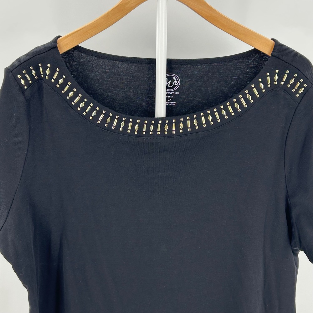 Westport 1962 Womens 2X Black Studded Neckline Short Sleeve Casual Plus Size Tee